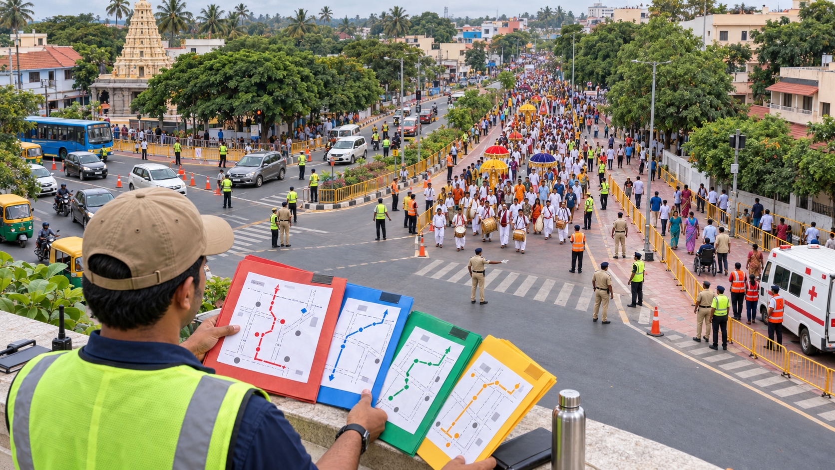 A large procession moves through a controlled Karnataka intersection while marshals and officials manage barriers, traffic, and emergency access.
