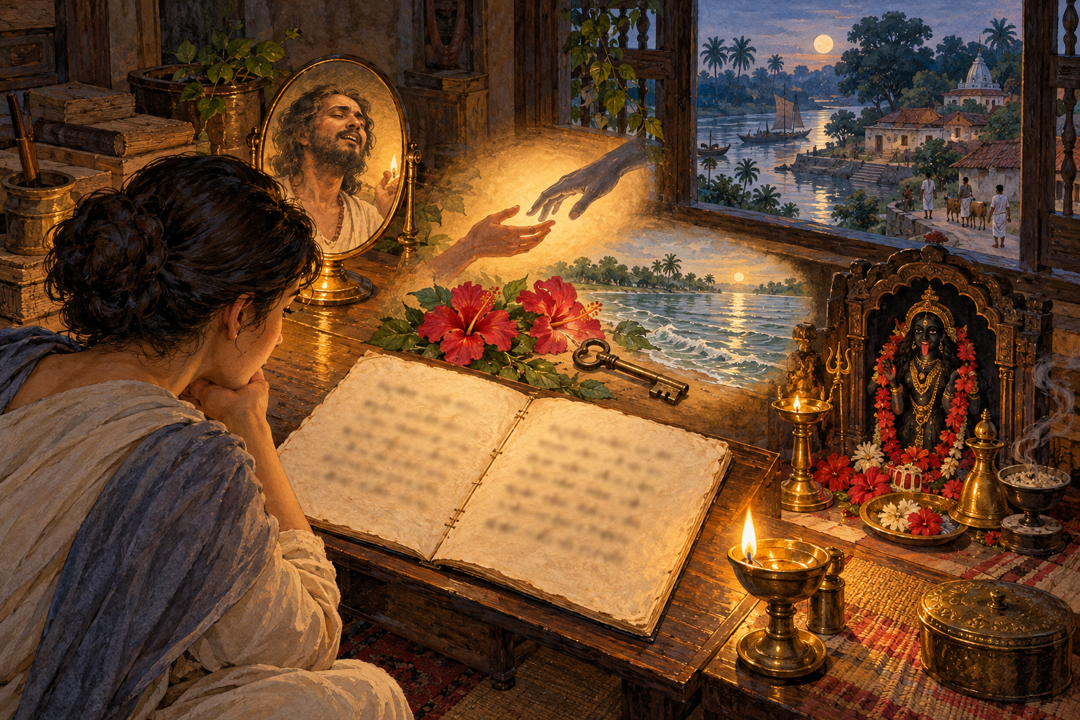 A reader studies an unreadable song folio surrounded by five groups of objects representing voice, relationship, imagery, theology, and historical setting.
