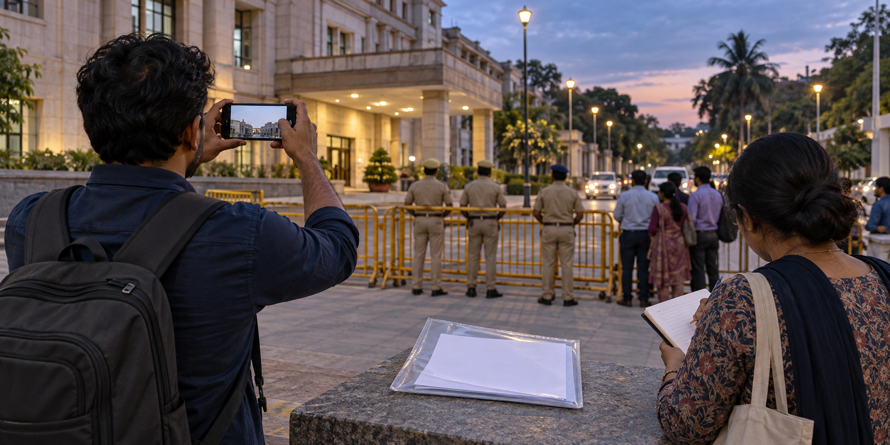 Two observers document a barricaded administrative area with a phone, notebook, and copies of blank official papers.