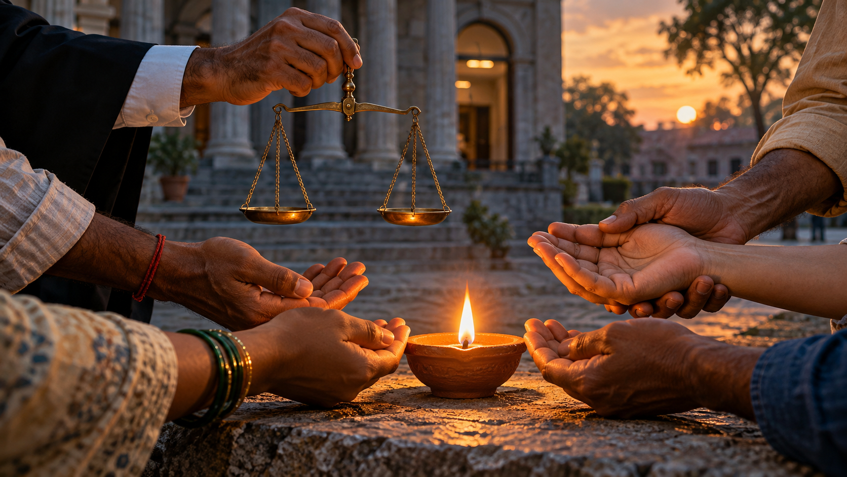 Several adult hands gather around a glowing clay lamp and balanced scales in a quiet courtyard.