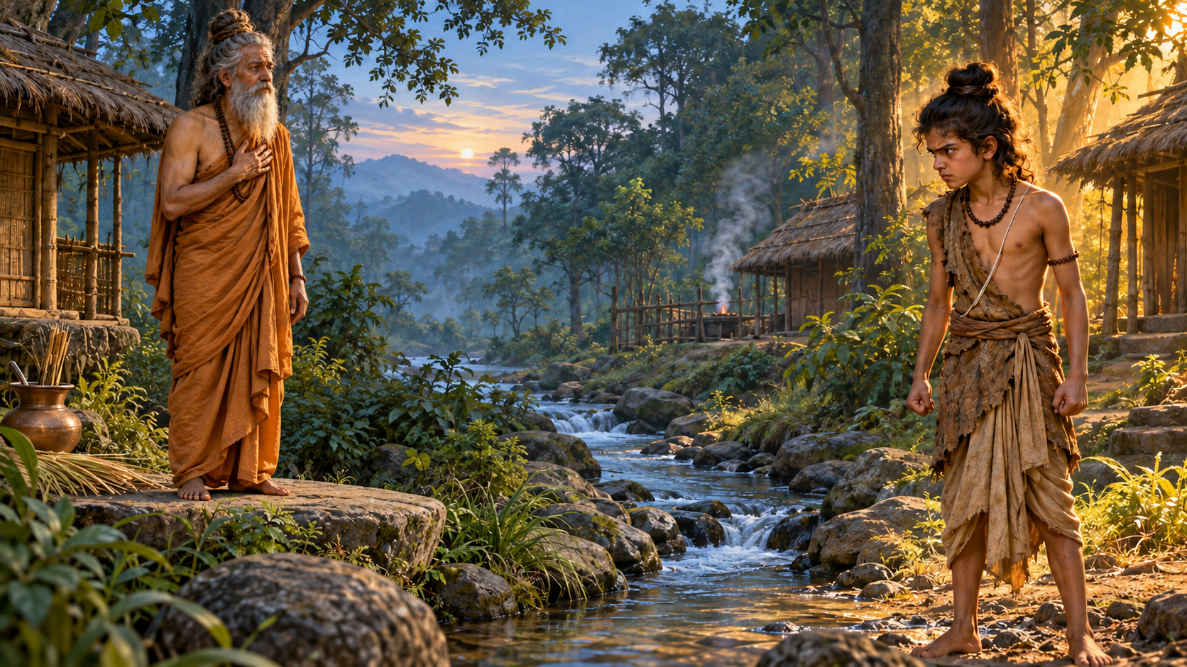 Rishi Shamika stands calmly across a small stream from his visibly angry son Shringi at a forest hermitage.