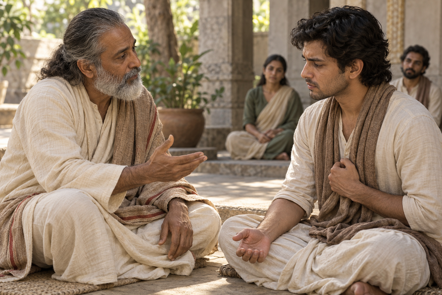 A teacher calmly speaks to a seated practitioner whose tense expression and gradually relaxing hands reveal an initial defensive response.