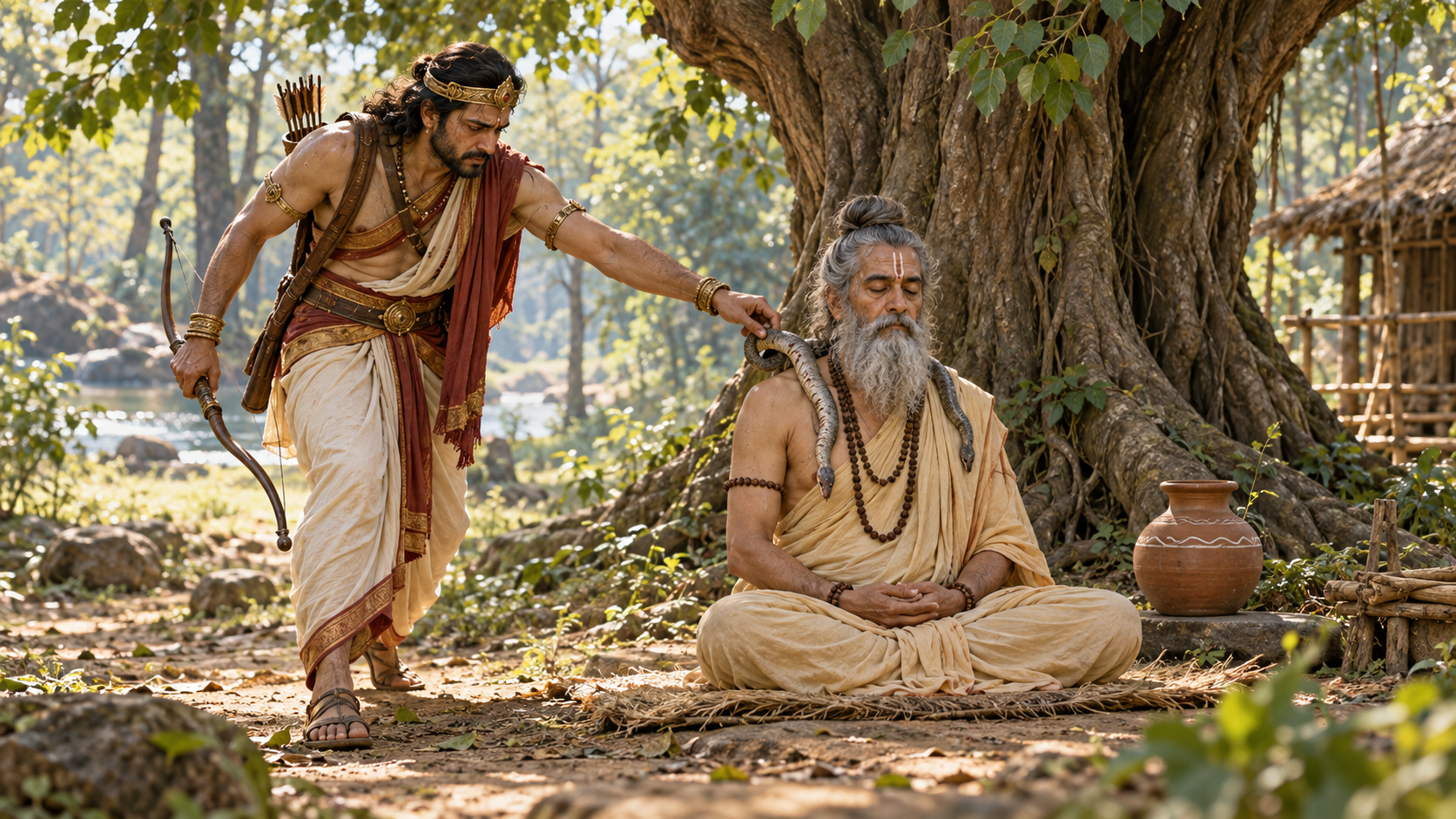 King Parikshit stands beside the meditating Rishi Shamika after placing a lifeless snake across the sage's shoulders.