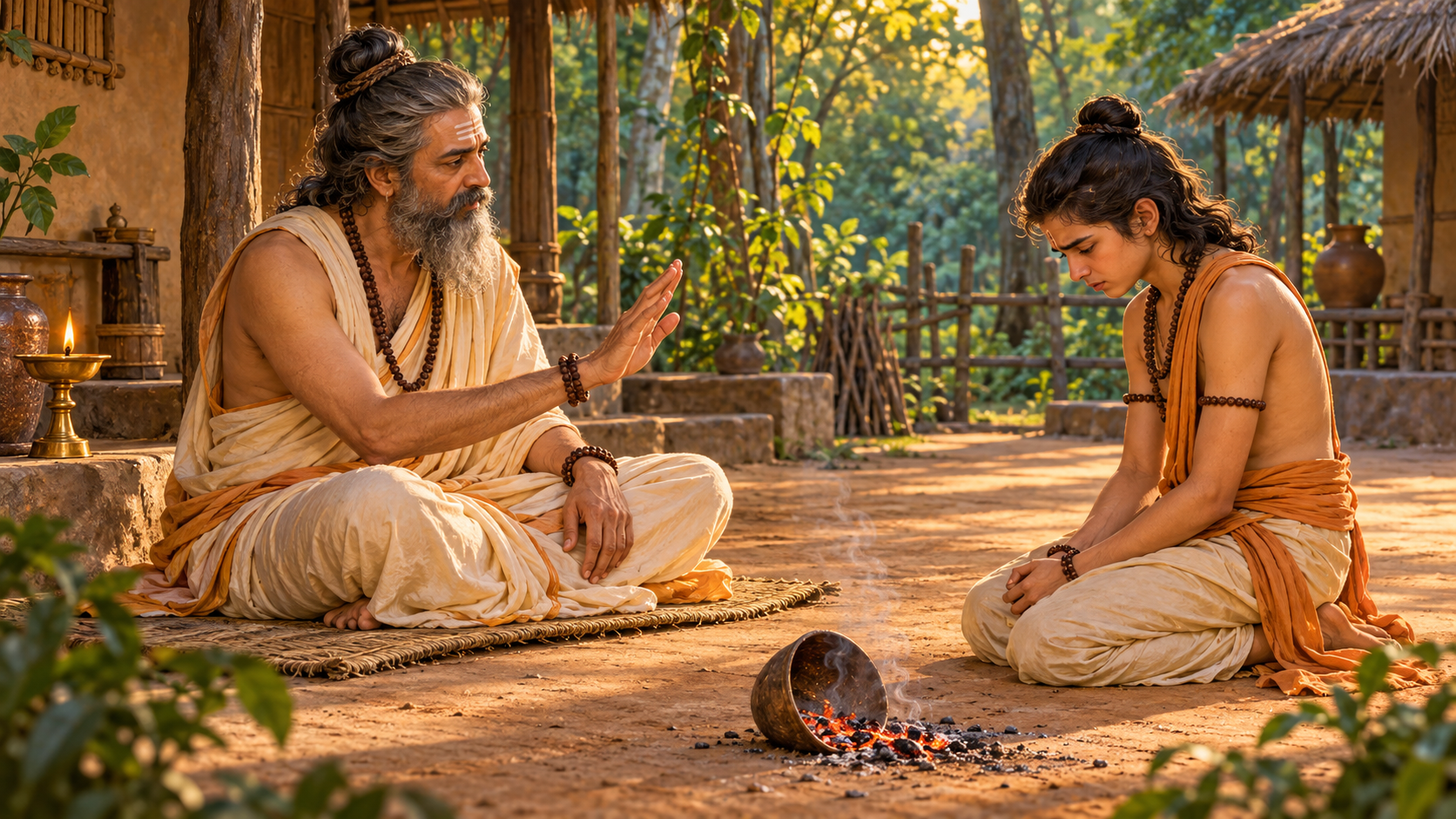Shamika raises a calm teaching hand while Shringi kneels before him with a remorseful expression in their forest ashram.