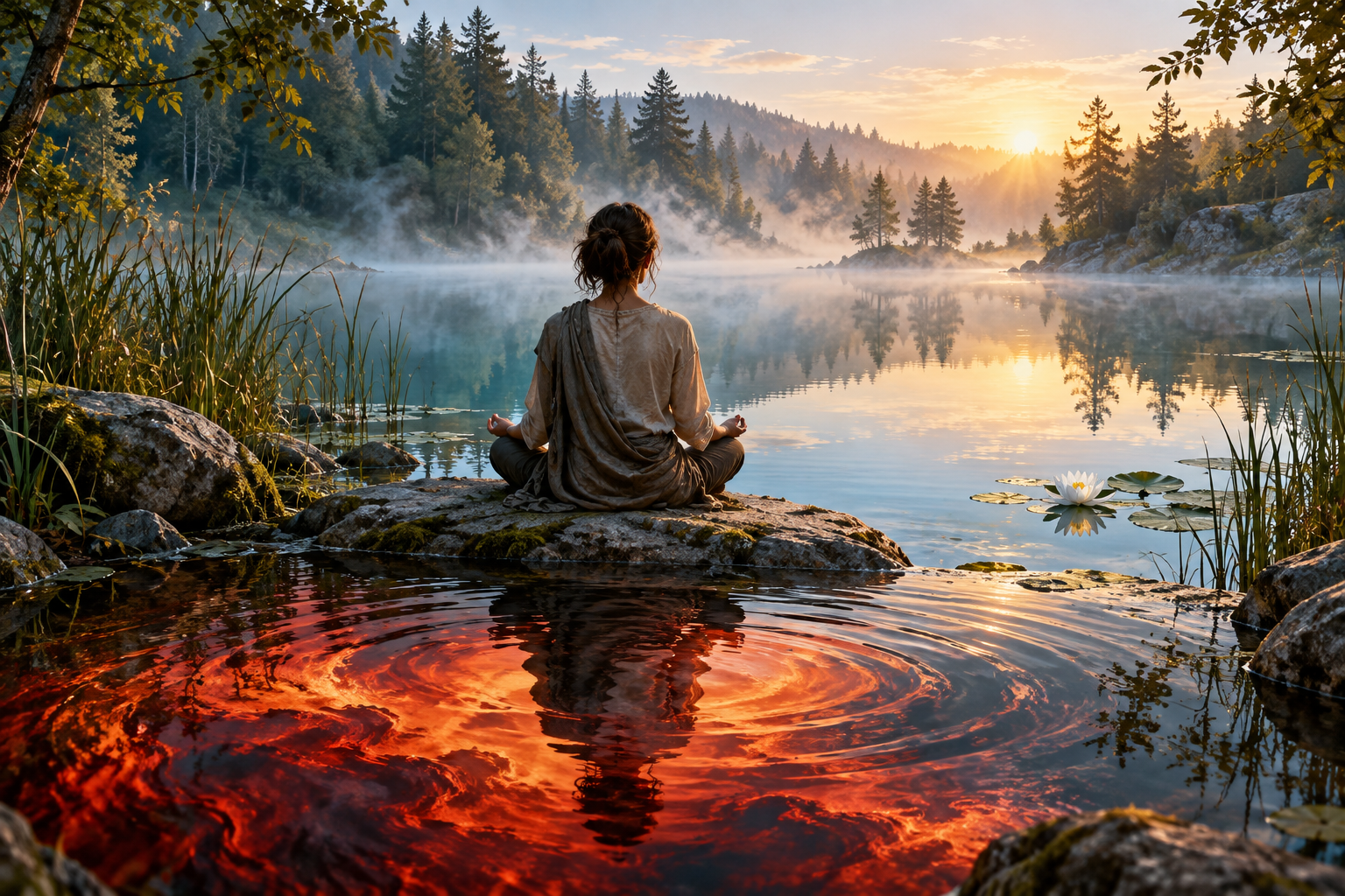 A seated person pauses beside a still forest pond as warm turbulent reflections fade into clear water and gentle ripples.