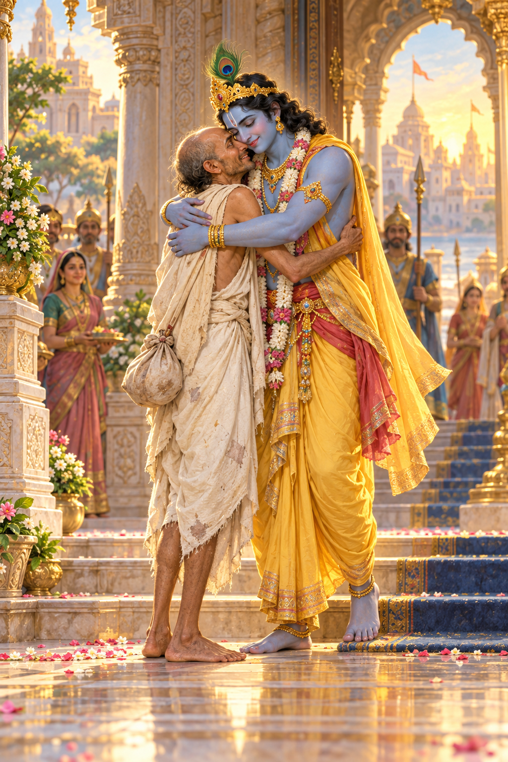 Krishna steps from a palace doorway to embrace the travel-worn Sudama, who carries a small cloth bundle at his side.