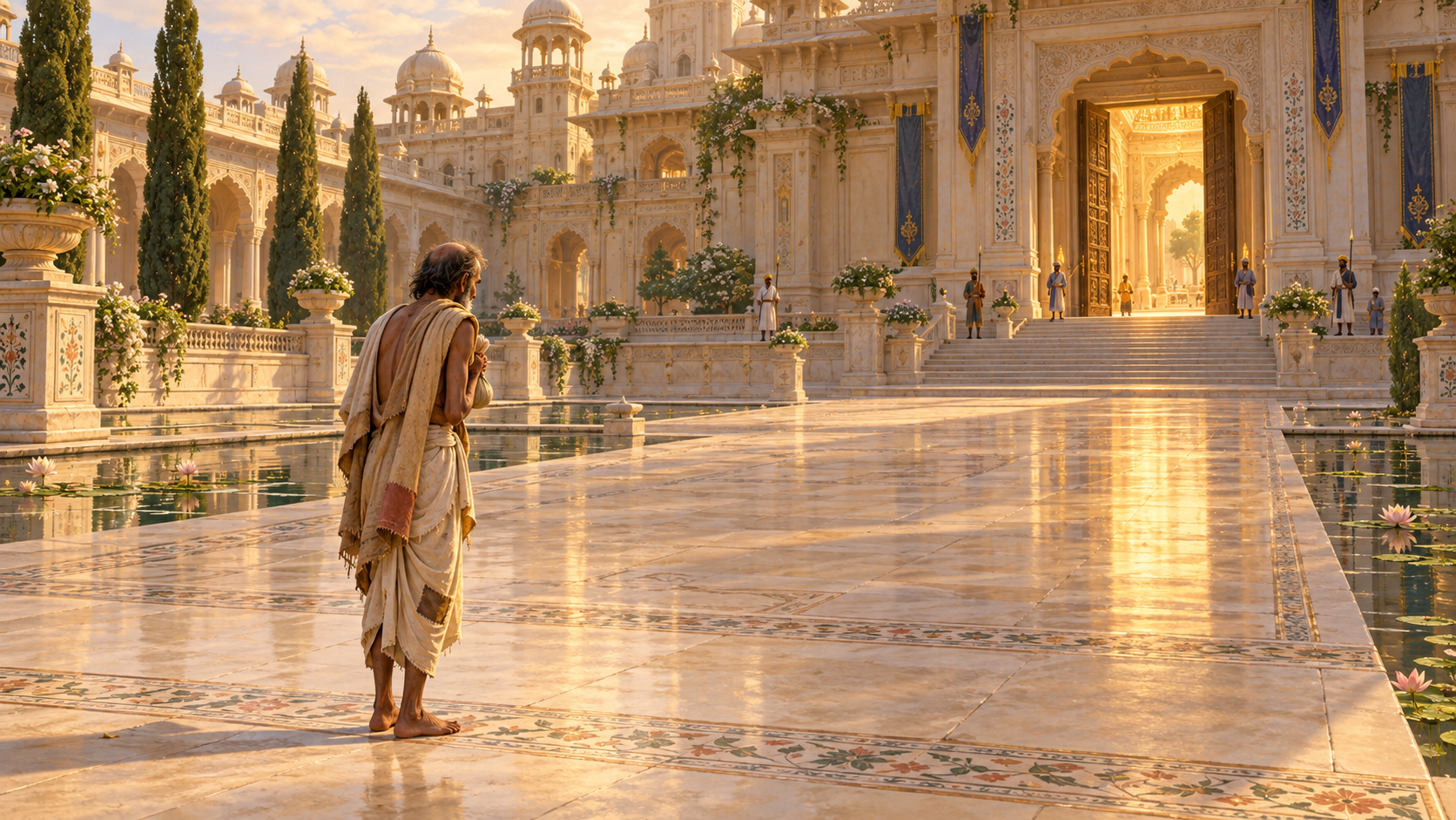 Sudama hesitates in a palace courtyard while holding a small knotted cloth packet against his chest.