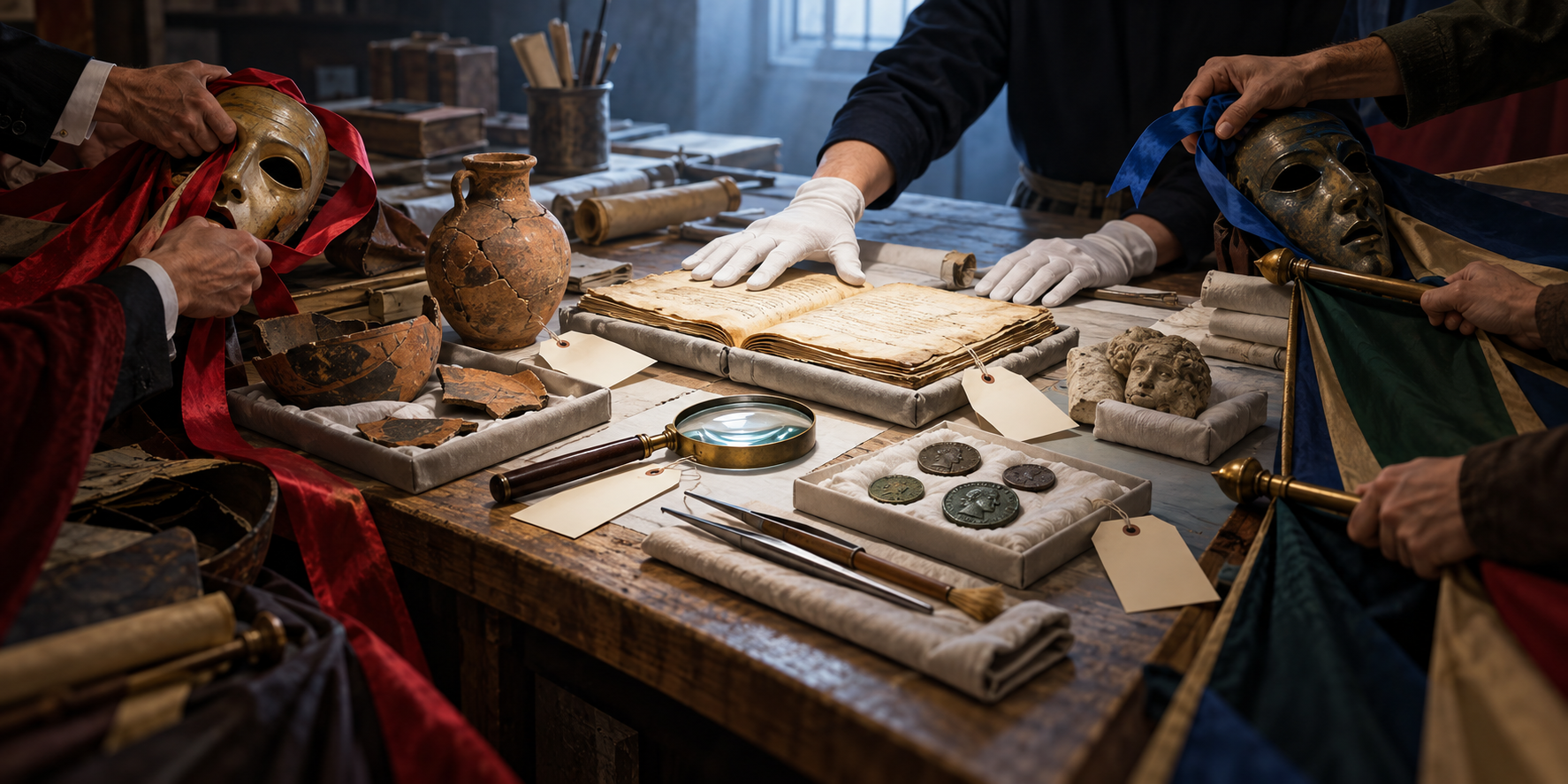 Historical artifacts and manuscripts lie under clear light while anonymous hands with political banners attempt to rearrange them from the shadows.