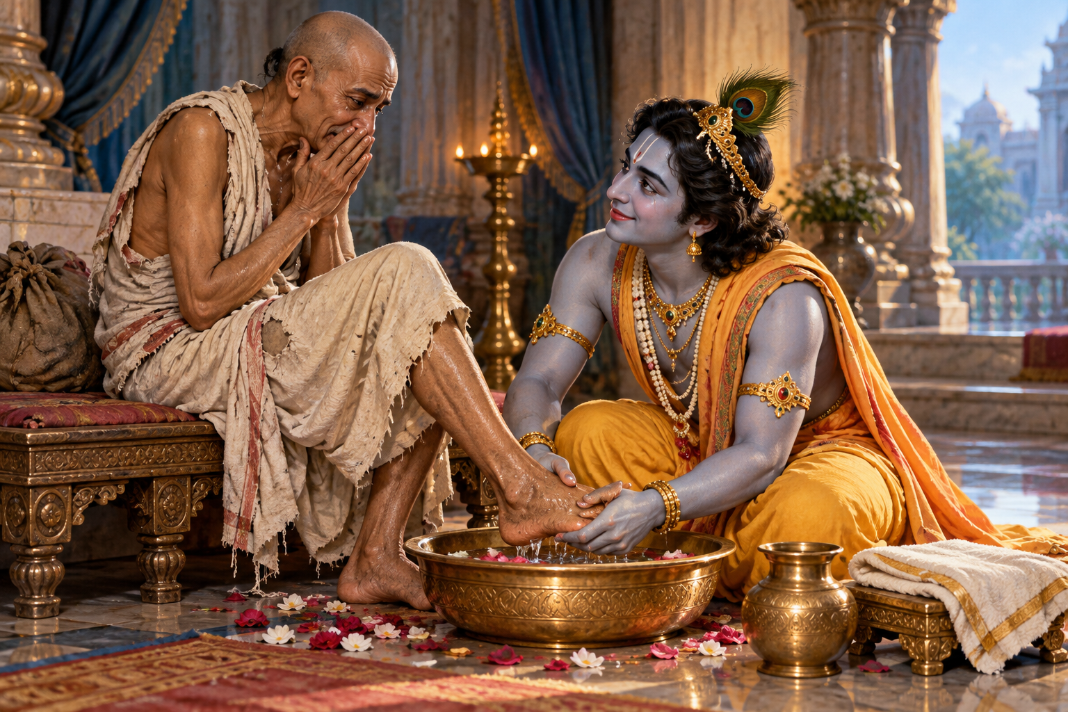 Krishna kneels to wash Sudama's dusty feet in a palace chamber while Sudama sits in worn clothing.