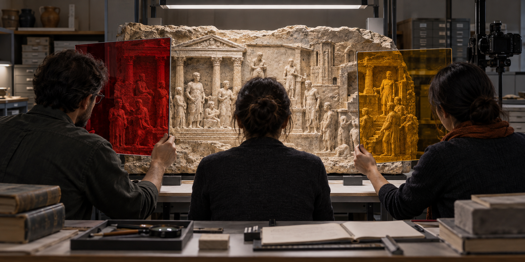 Three editors examine one stone relief, with two viewing it through colored glass and the central editor seeing it under neutral light.