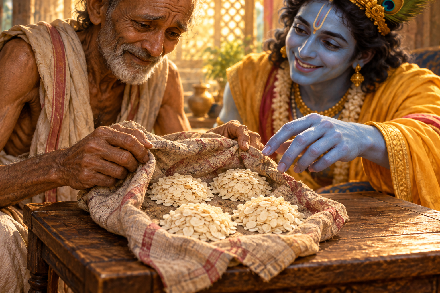 Sudama opens a faded cloth bundle containing four small portions of flattened rice as Krishna reaches toward the offering.