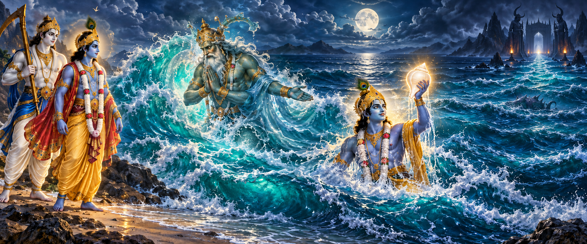 Krishna and Balarama journey across an ocean scene in which Krishna emerges from the water carrying a white conch.