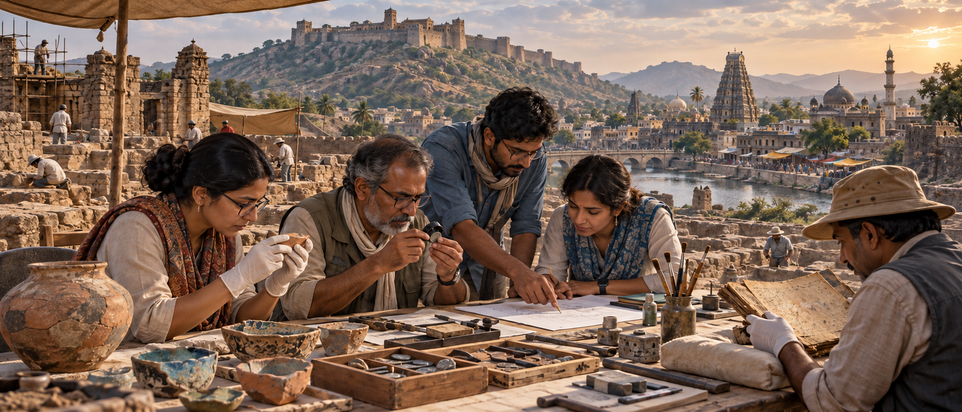 Historians and conservators compare artifacts near an excavation overlooking a medieval Indian landscape with a fort, temple tower, mosque dome, and market buildings.