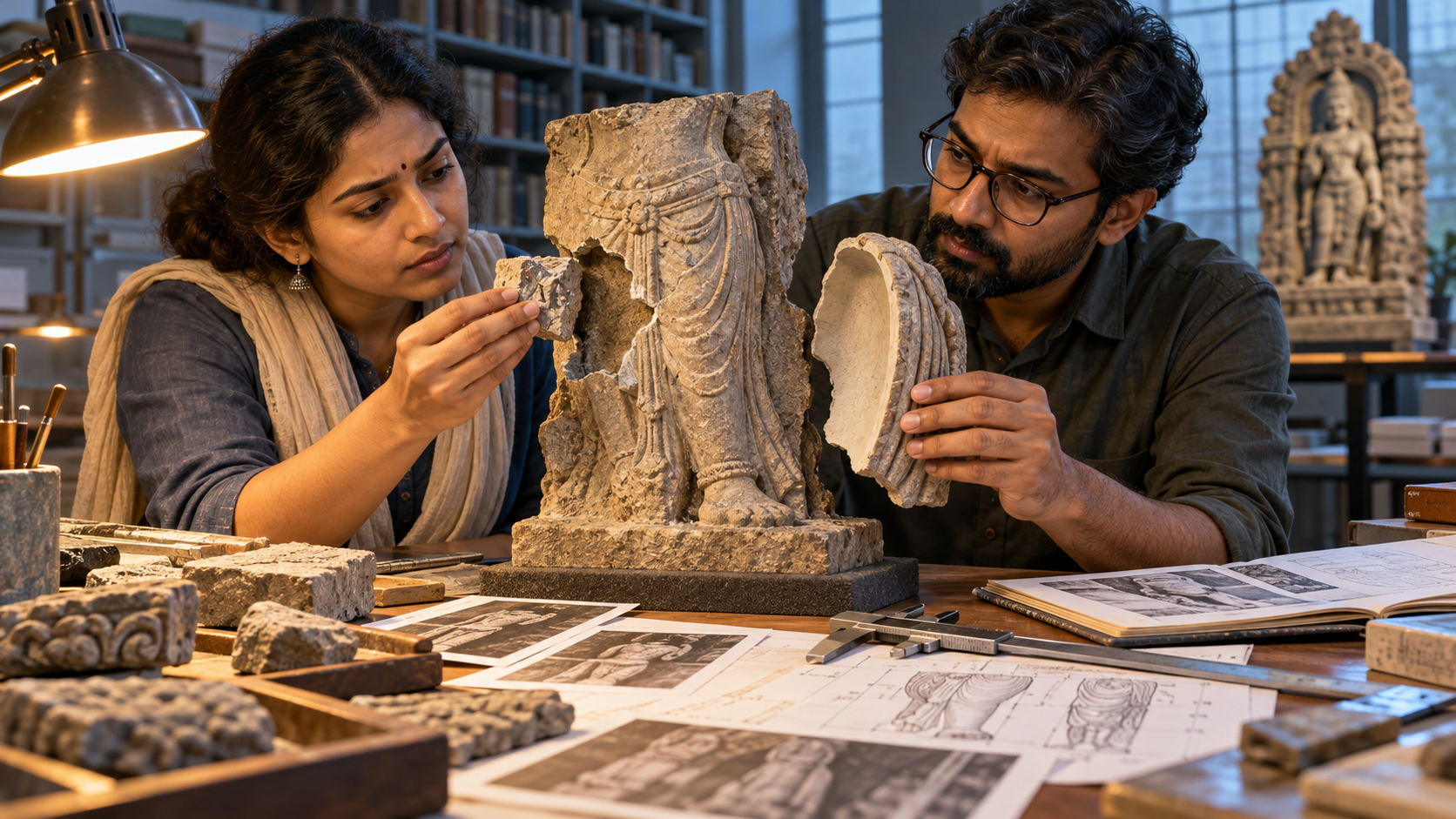 Two researchers revise a temple sculpture reconstruction after discovering that an artifact fragment does not fit the proposed arrangement.