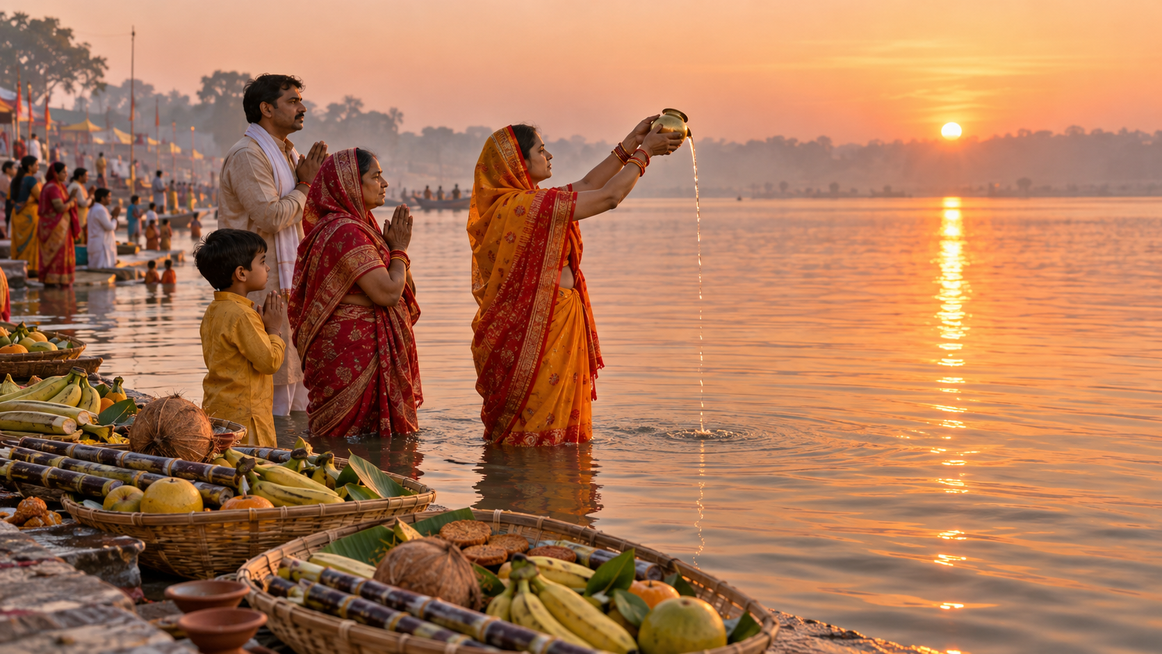 Devotees offer water to the setting sun from a river ghat, with bamboo baskets of fruit, sugarcane and thekua beside them.
