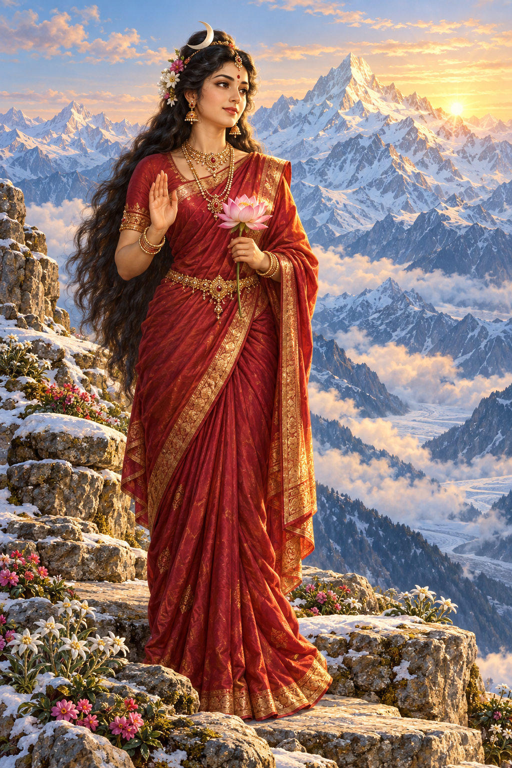Parvati in a crimson sari stands with a lotus before snow-covered Himalayan peaks at dawn.