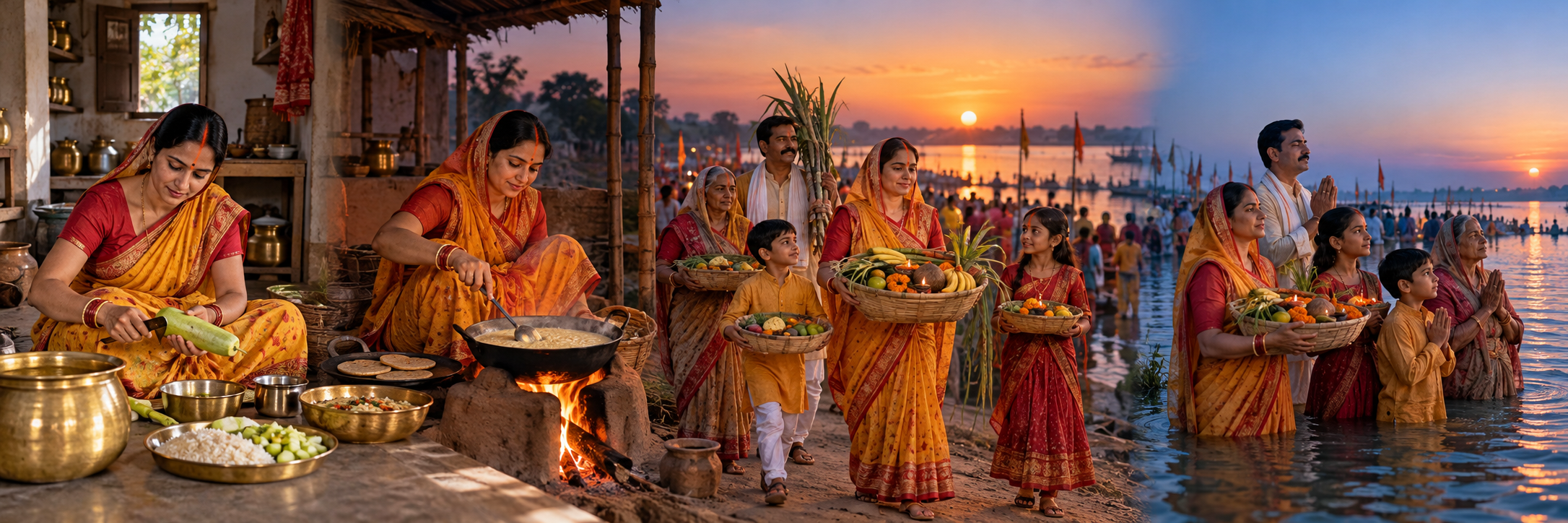 Four connected scenes show a simple ritual meal, Kharna preparations, a family carrying offerings to a ghat, and dawn worship by the water.