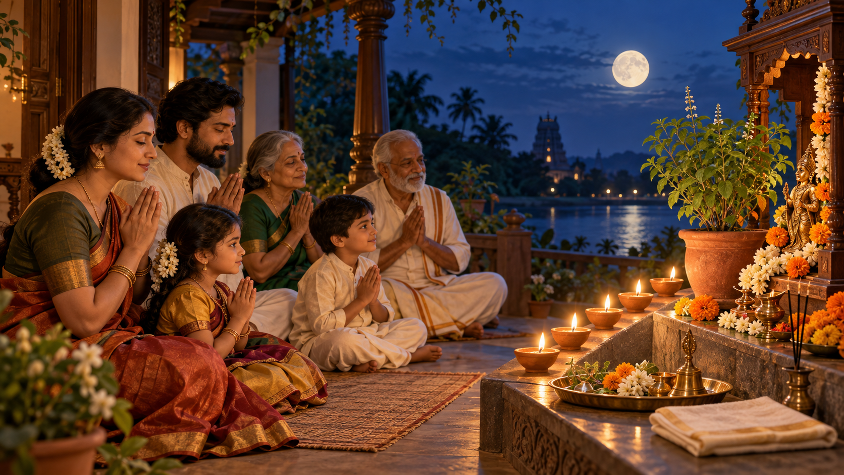 A multigenerational Indian family worships beside a tulsi plant and five glowing clay lamps under a full moon.