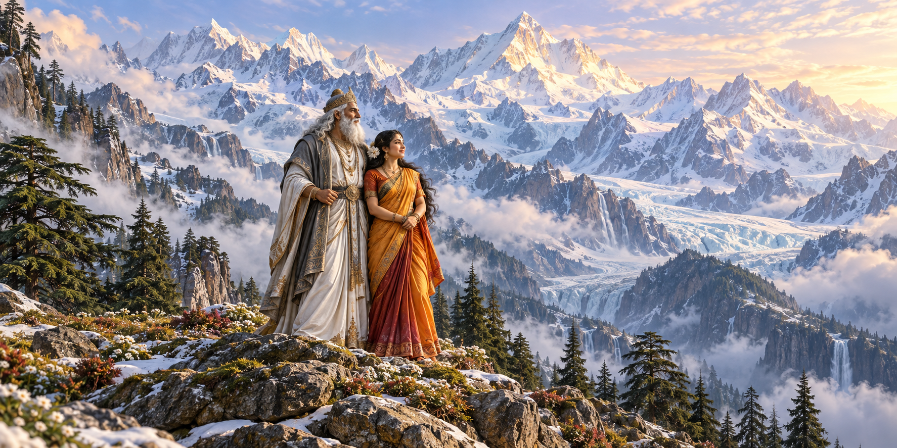 Himavan and his adult daughter Parvati stand together on a Himalayan ridge beneath snowy peaks.