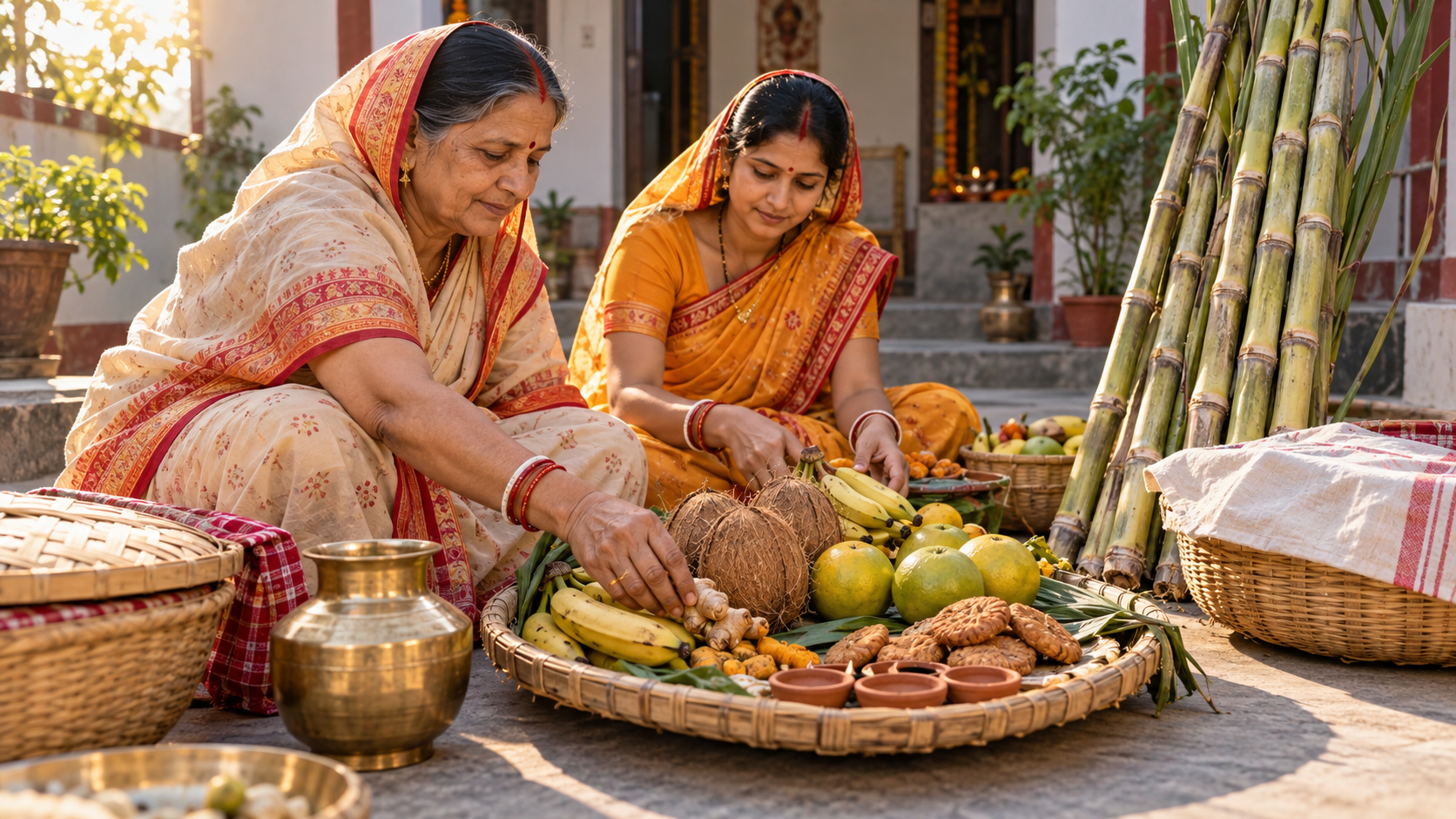 Women arrange fruit, coconuts, thekua and clay lamps in bamboo offering baskets for Chhath Puja.