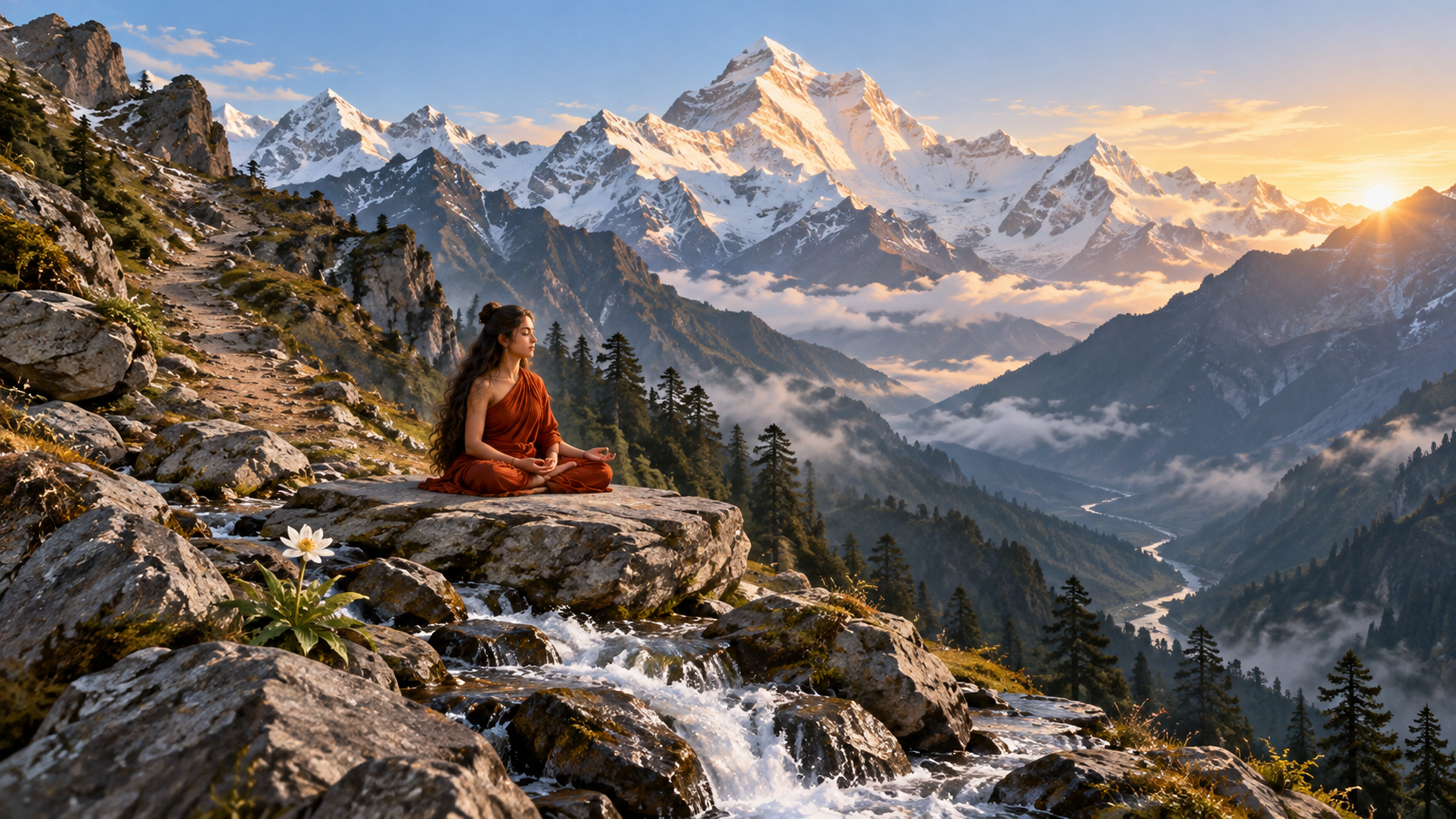 A female ascetic representing Parvati meditates beside a mountain stream as a steep path climbs toward sunlit Himalayan peaks.