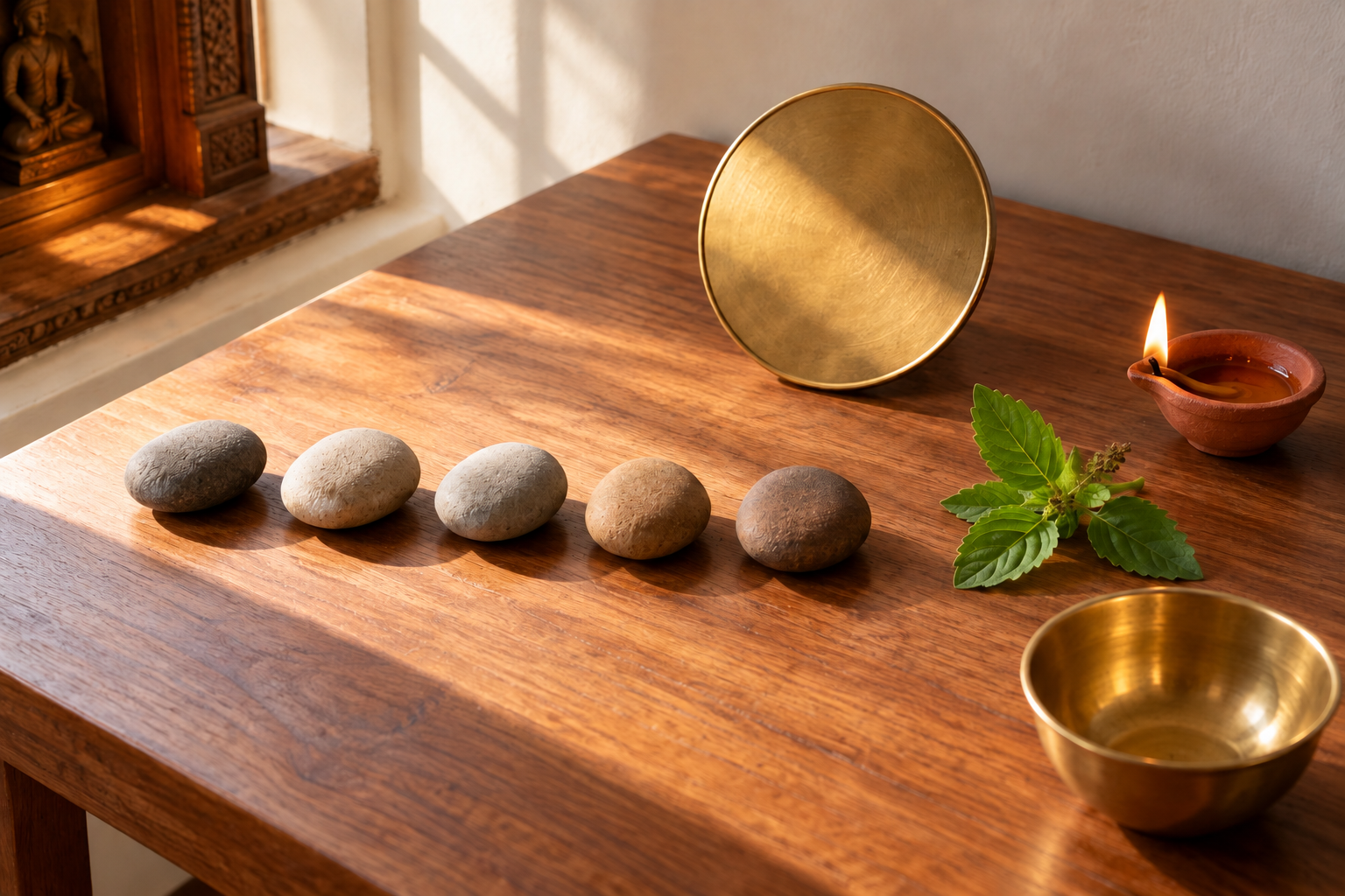 Five stones, a brass lunar disk, a clay lamp, and tulsi leaves are arranged on a wooden planning table.