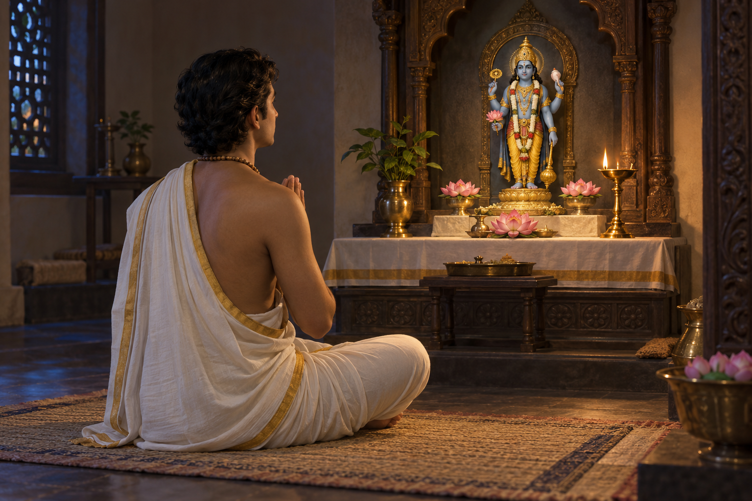 A practitioner meditates before a small four-armed Vishnu representation illuminated by an oil lamp and surrounded by lotus flowers.