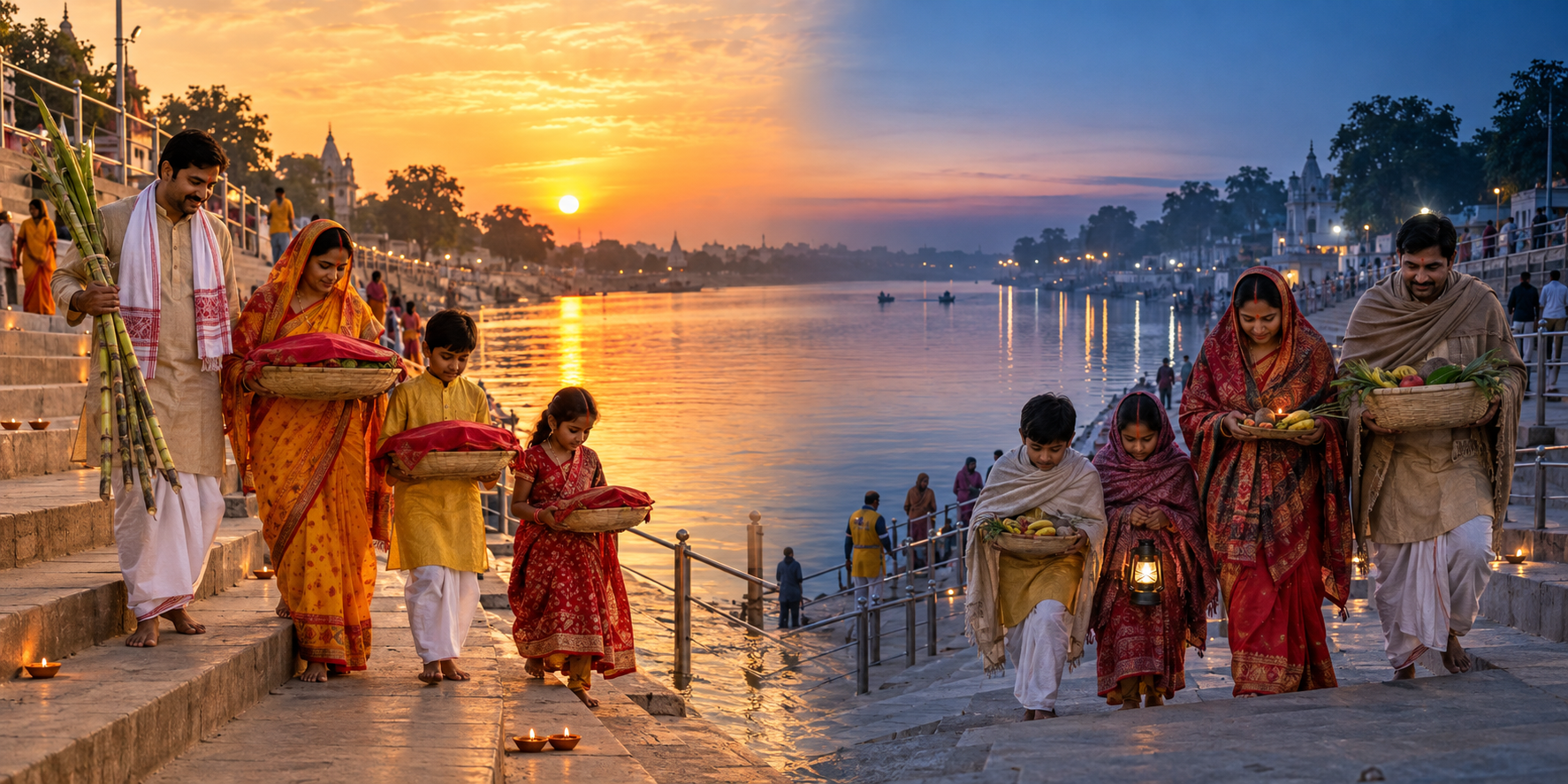 A family visits the same river ghat at sunset and before sunrise, carrying covered baskets and sugarcane for the two arghya rituals.