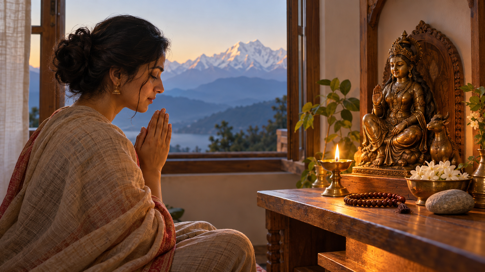 A devotee prays before a small bronze image of Parvati on a home altar, with distant mountains visible through a window.