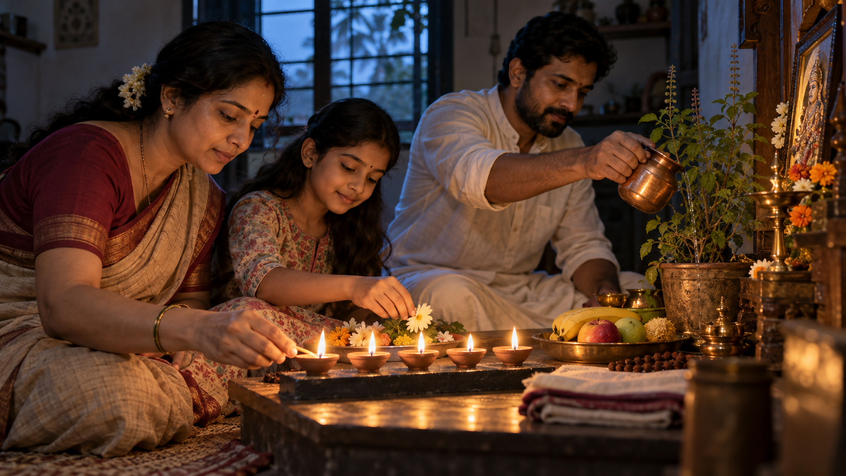 A family prepares a home altar with five clay lamps, flowers, fruit, prayer beads, and a copper water vessel.