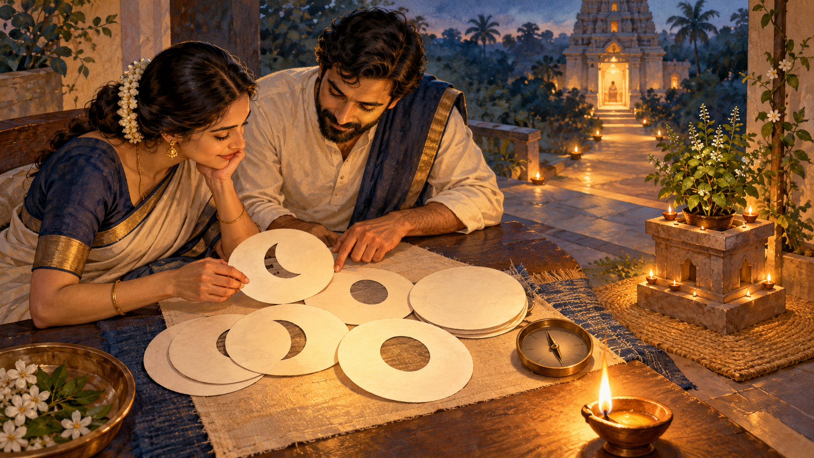 Two people compare blank lunar-phase disks beside a compass as lamplight leads toward a tulsi altar.