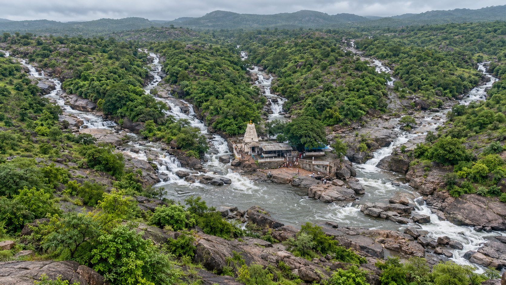 Seven woodland streams winding through rocky terrain and meeting near the Edupayala temple complex.