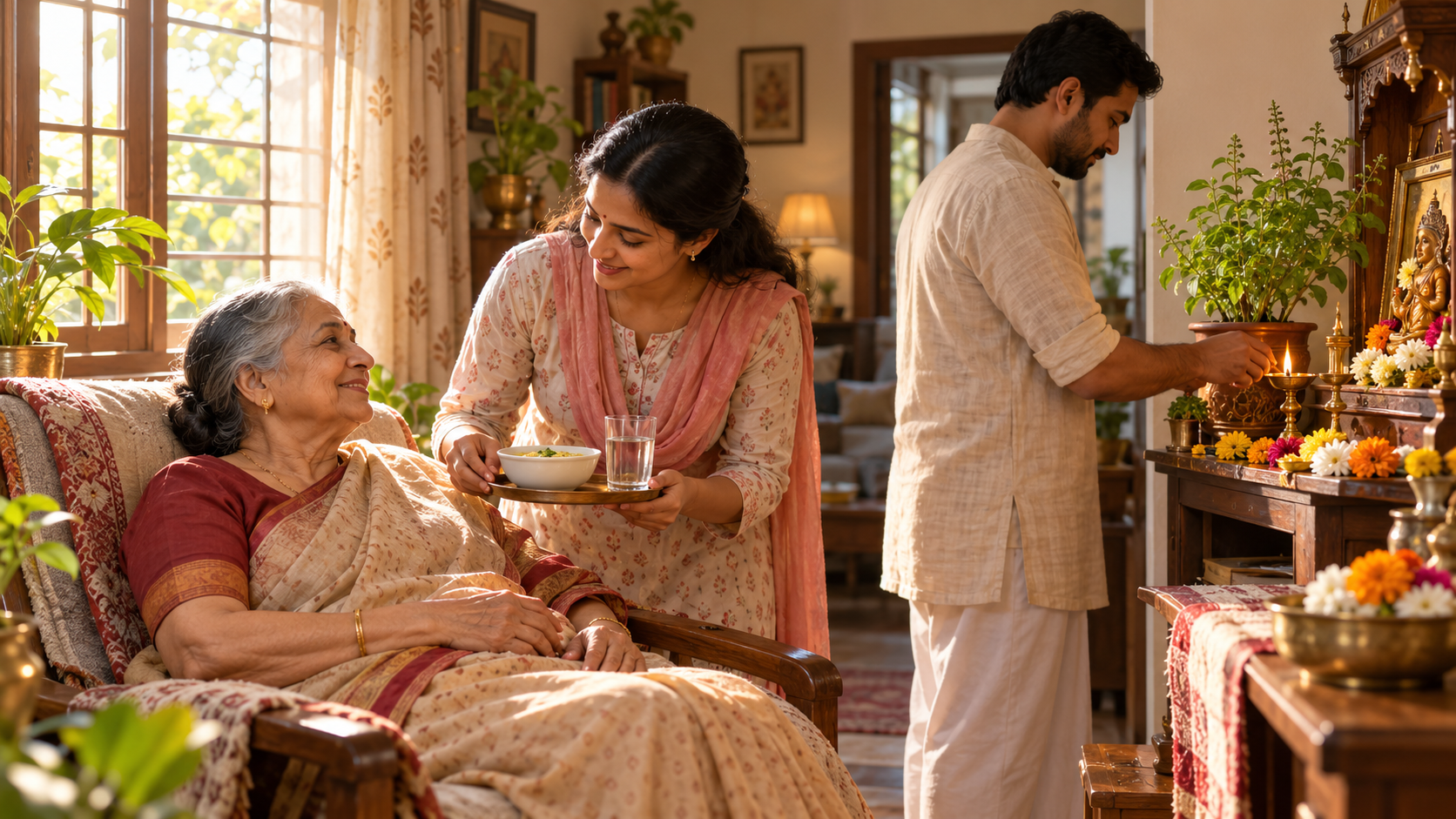 A family member offers food and water to an older woman while another person lights a lamp at a nearby home altar.