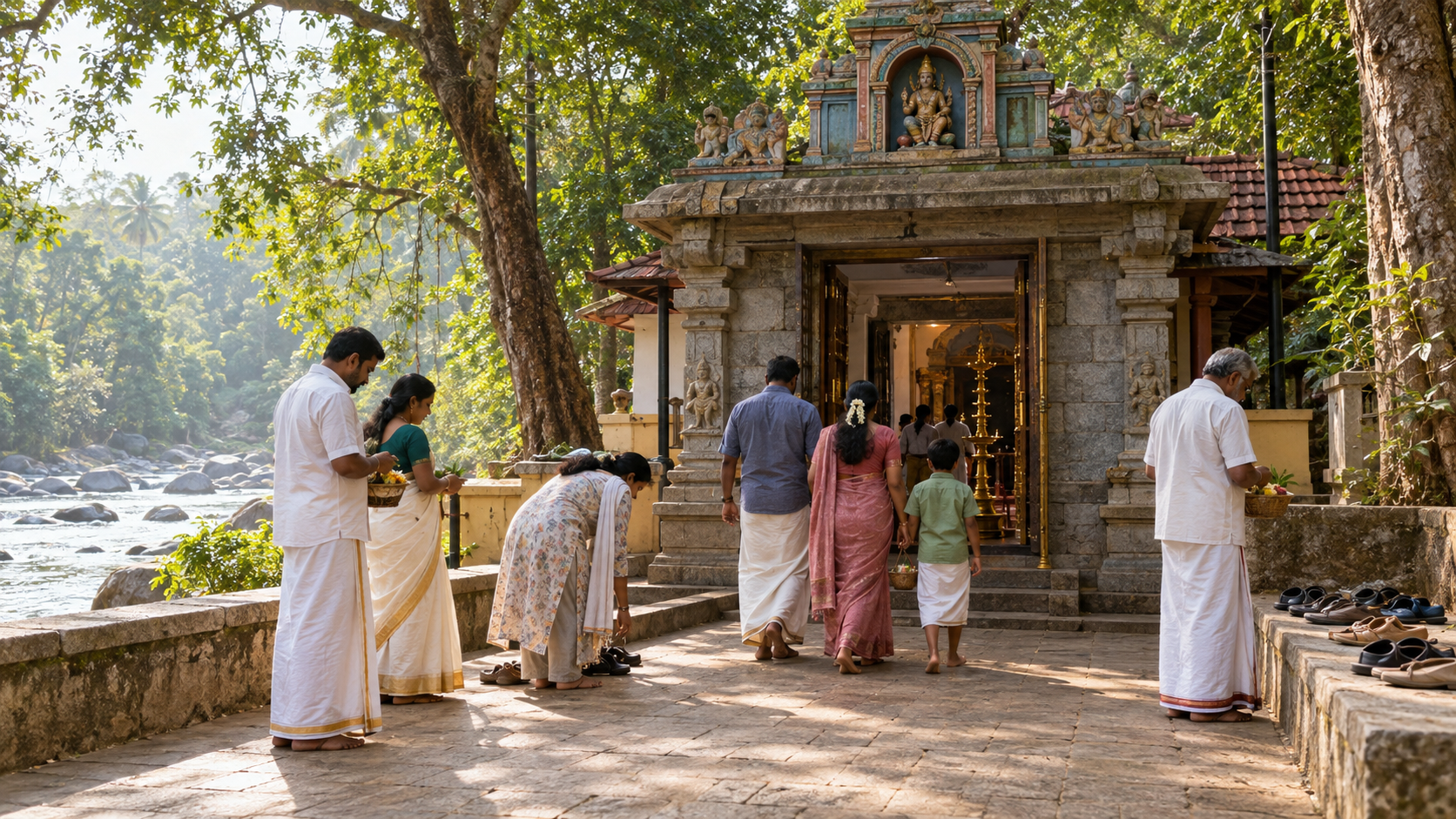 Pilgrims waiting respectfully near the temple entrance with simple offering baskets before darshan.