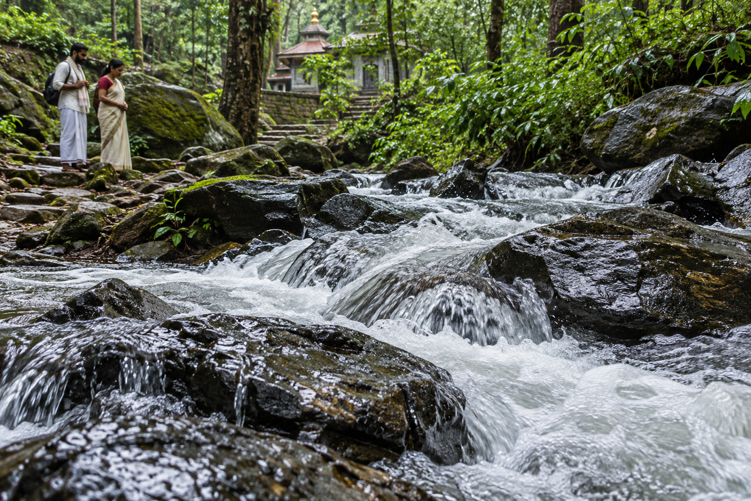 Fast-moving stream water flowing over wet rocks as pilgrims watch from a stable bank.