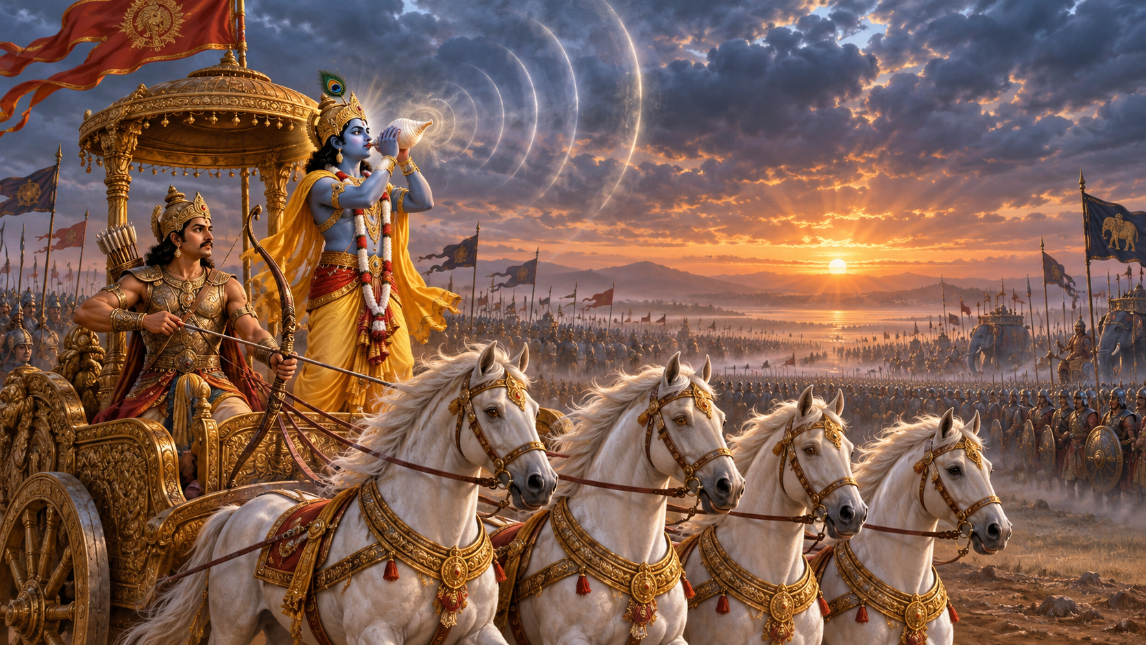 Krishna sounds a white conch from Arjuna's chariot as armies wait across the misty field of Kurukshetra.