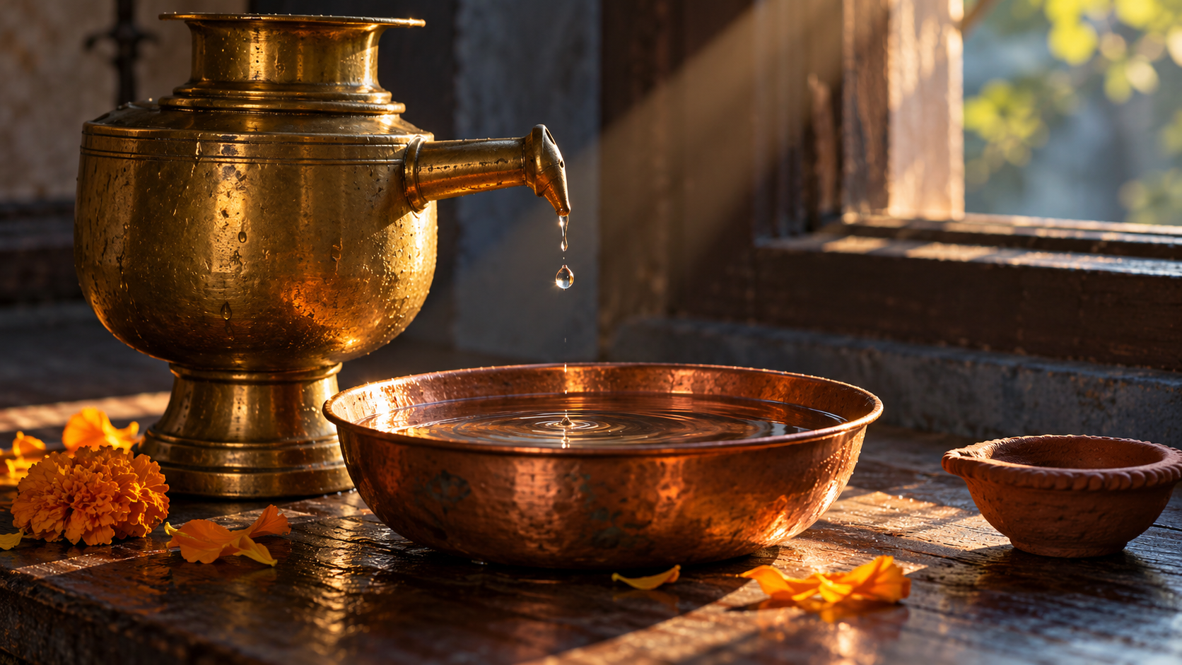 A brass water vessel and copper bowl with a suspended droplet illuminated by afternoon sunlight beside marigold petals.
