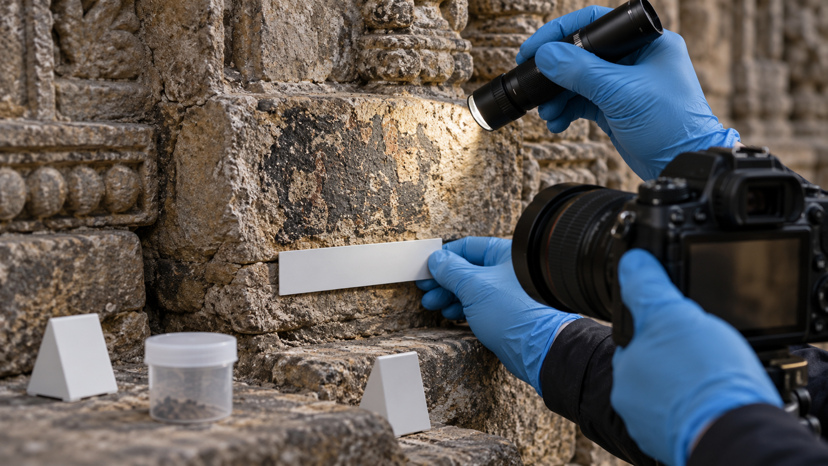 Gloved investigators photograph and sample an indistinct paint mark on weathered temple stone.