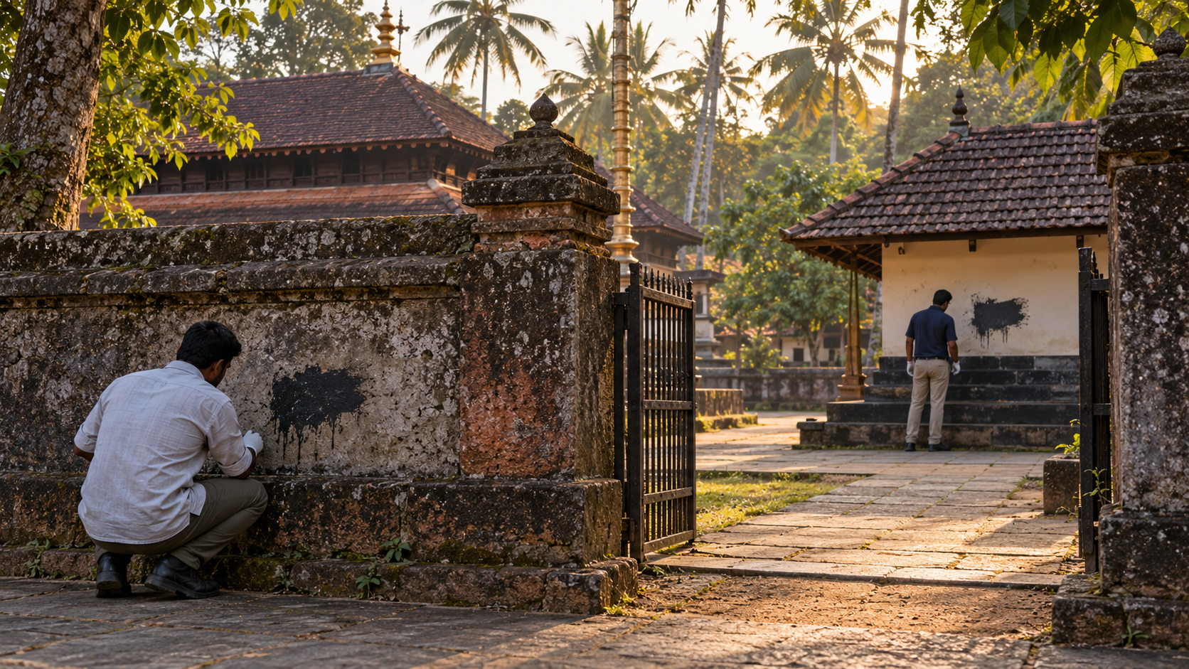 Investigators inspect two separate indistinct markings at different locations within a Kerala-style temple compound.