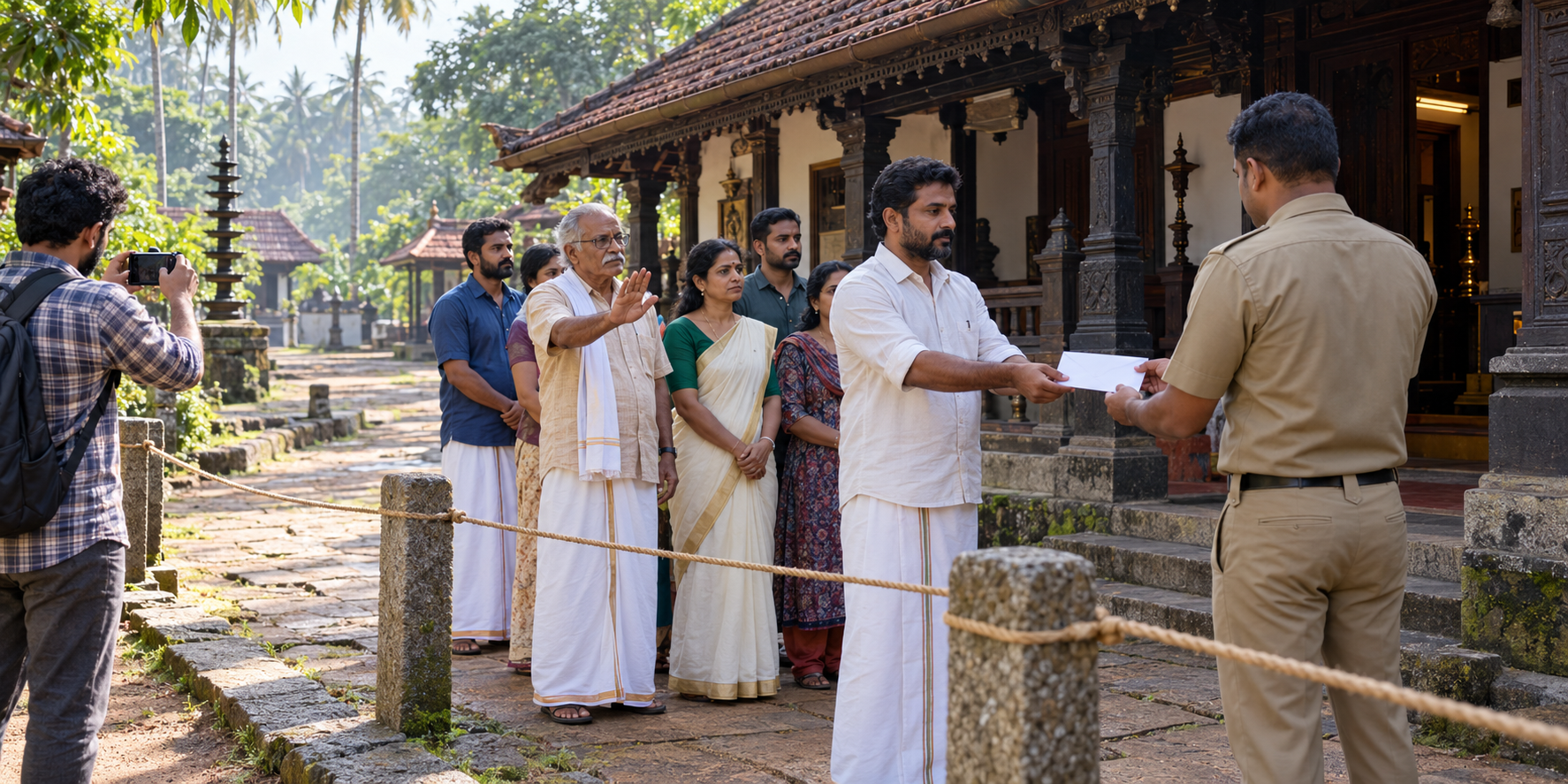 Devotees calmly remain behind a perimeter while a community representative gives information to a local official outside a temple.