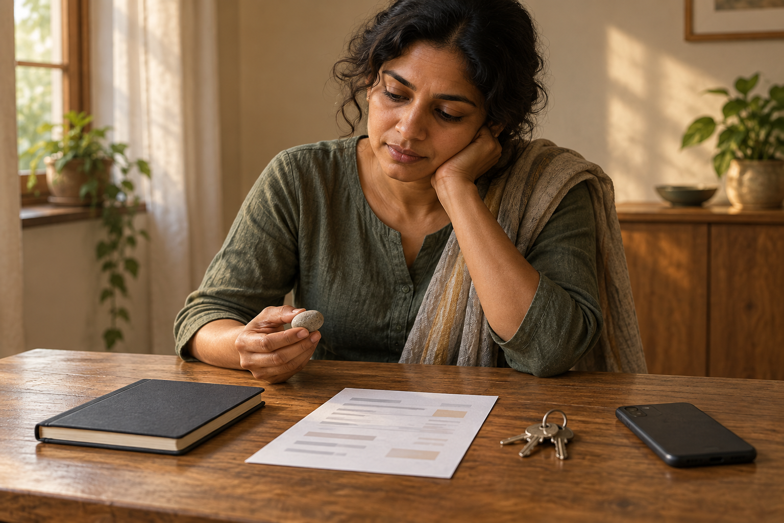 A person pauses at a table where a notebook, bill, keys, phone, and small stone are arranged as separate concerns.