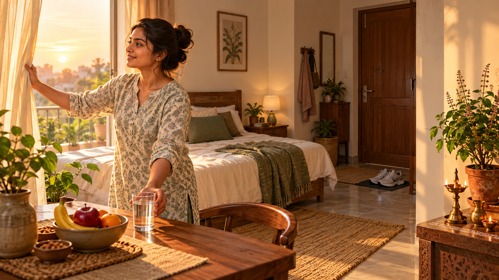 Morning light fills a home with a made bed, water, fruit, walking shoes, an oil lamp, and a tulsi plant arranged for a simple daily routine.