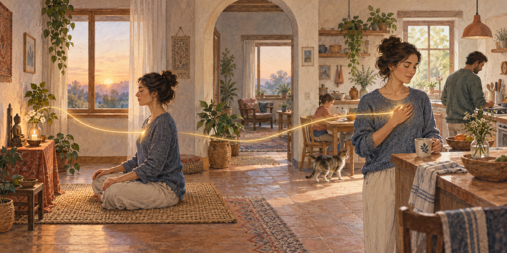 The same practitioner sits in morning meditation and later pauses during household tasks while maintaining a calm devotional focus.