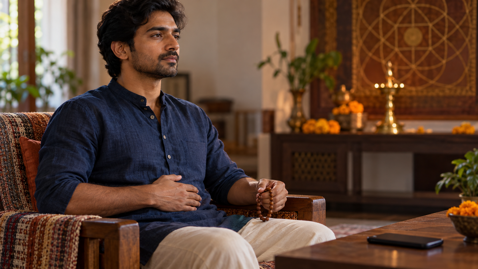 A person takes a grounded breath while holding wooden prayer beads, with a face-down phone and a softly blurred home shrine nearby.