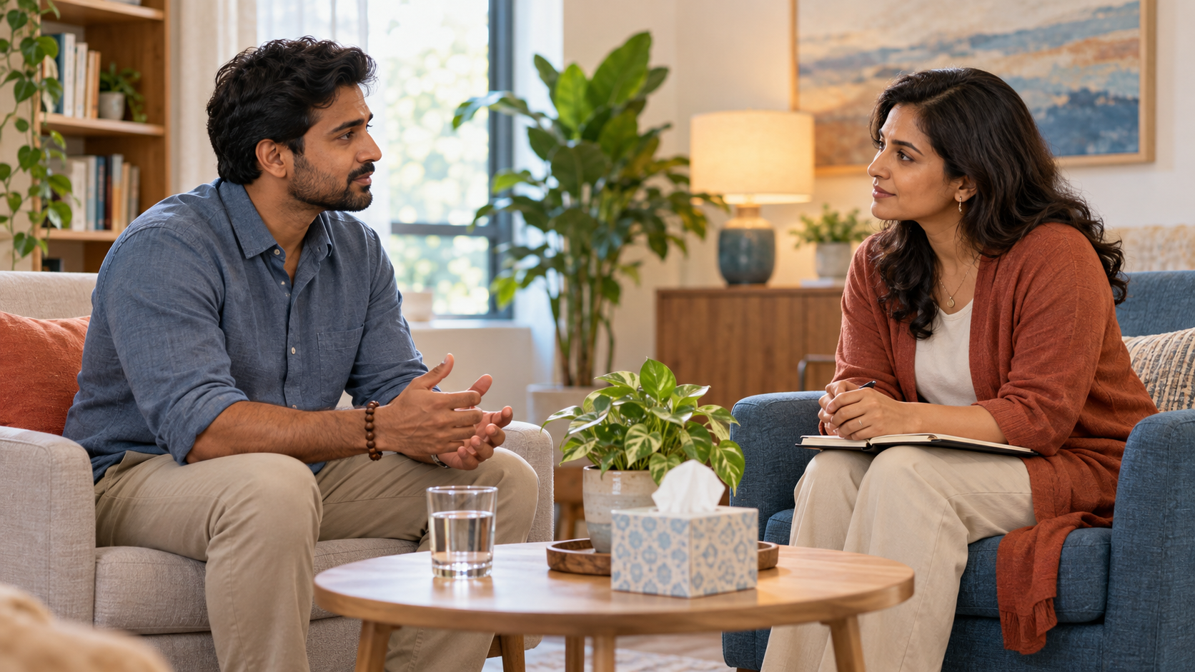 A person wearing a wooden bead bracelet talks with a mental health professional in a private, sunlit counseling room.