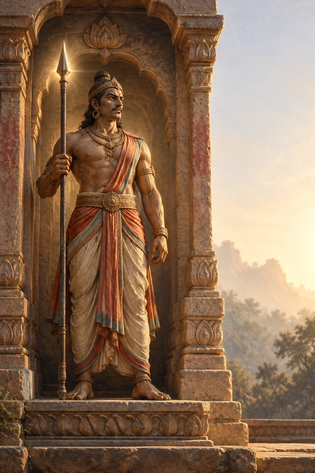 Stone temple guardian standing in a carved shrine niche and holding a long, slender pointed spear upright.