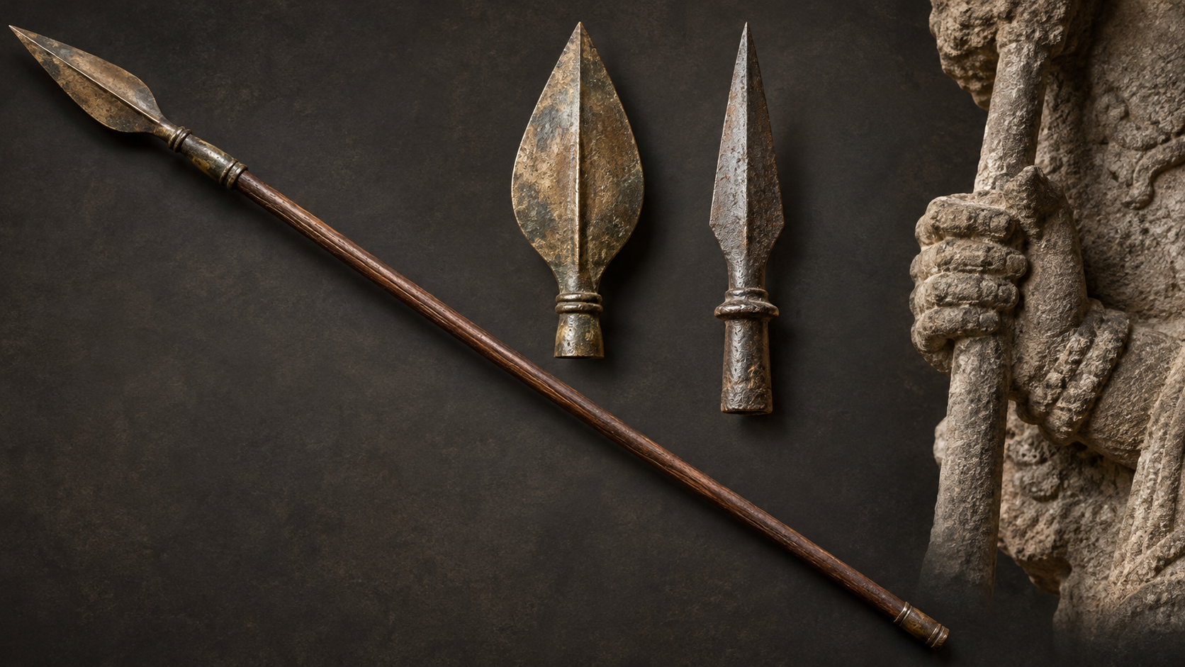 A slender ceremonial spear shown with two pointed head forms and a carved stone hand gripping a shaft.