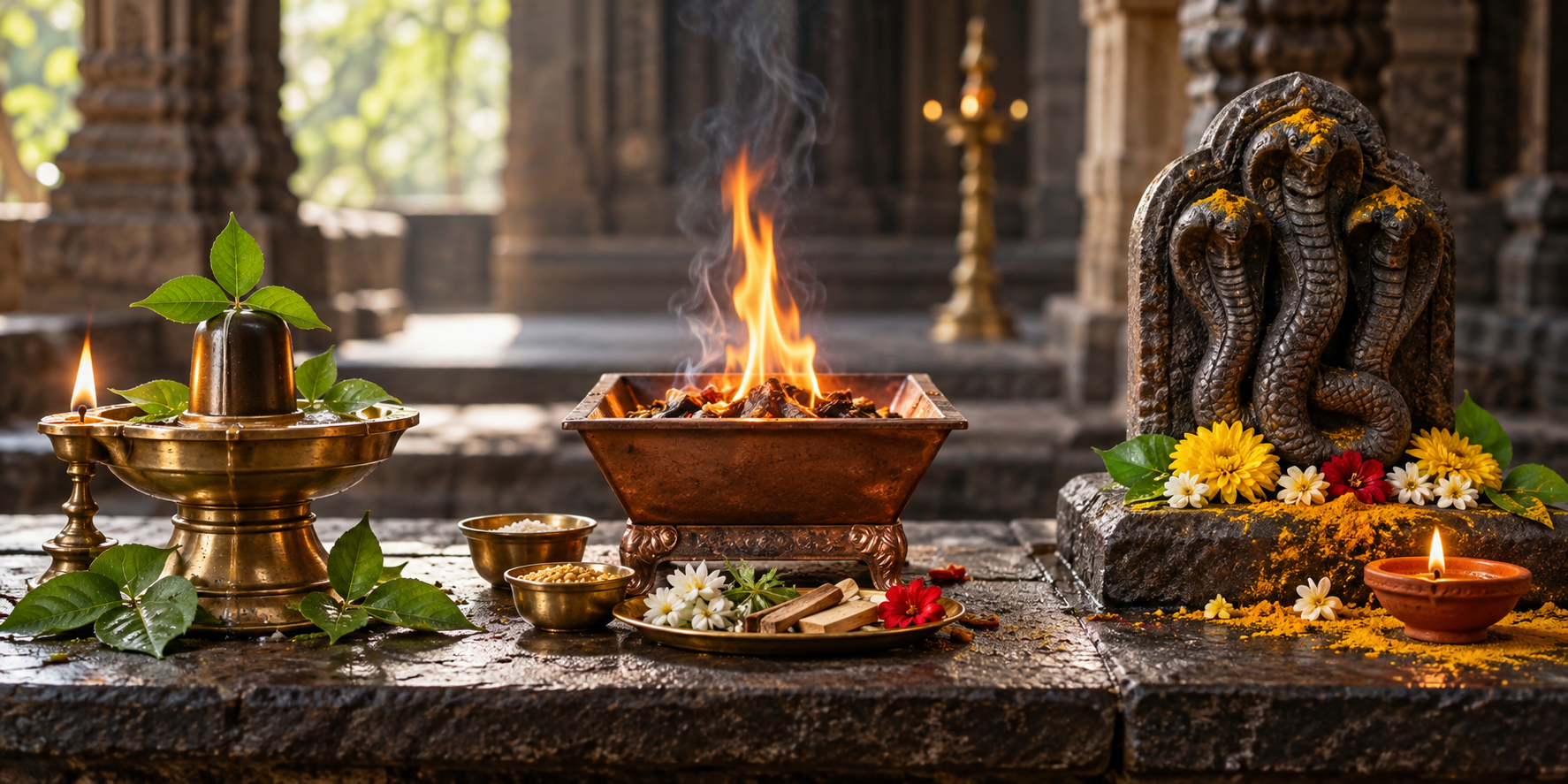 Three devotional arrangements with a Shiva lamp, a ritual fire vessel, and a flower-decorated serpent shrine on a stone platform.