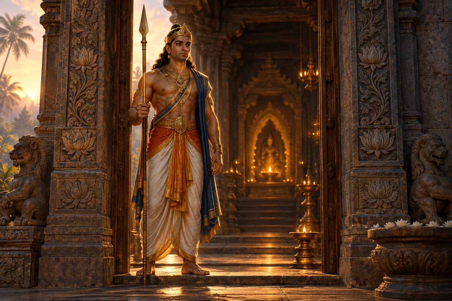 Calm temple guardian holding an upright spear while watching over a softly lit sanctuary entrance.
