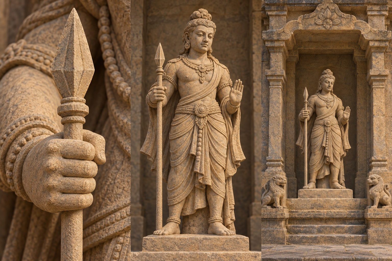 Three views progress from a spearhead and carved hand to the full guardian and then the surrounding temple niche.